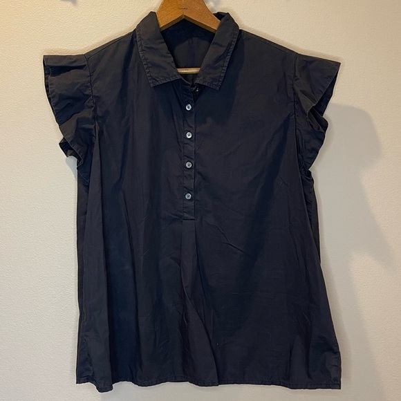 FRAME Black Tunic Ruffle Sleeve Collared Quarter Button Top Size L - Picture 1 of 5